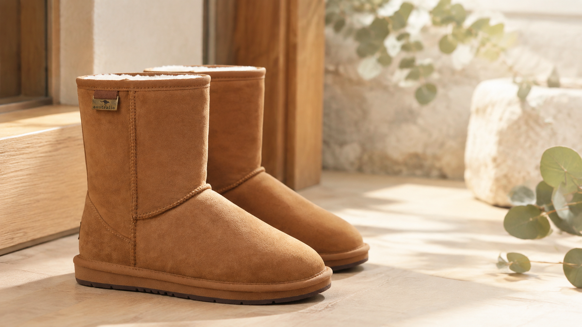 Chestnut short UGG boots in a warm Australian-inspired setting