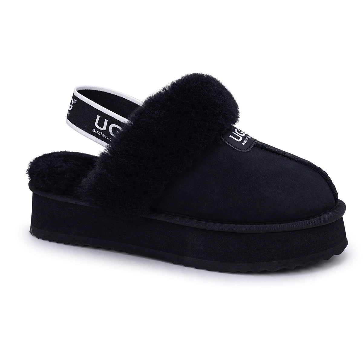 Black UGG slippers with platform strap by Auzland, showcasing the comfortable slip-on design and textured sole.