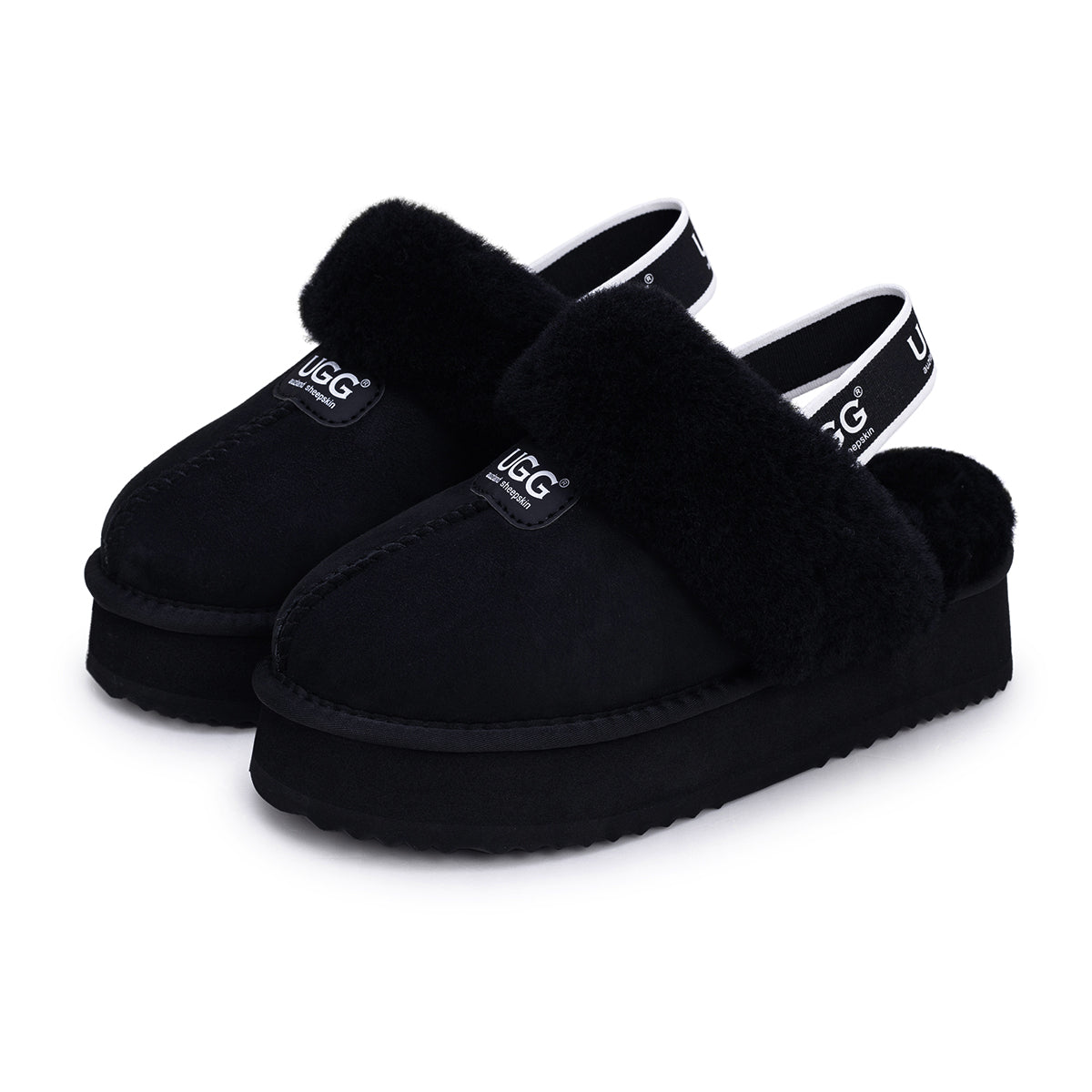 Auzland black Platform Strap UGG slippers with cushioned soles and wide straps, ideal for comfortable indoor wear.