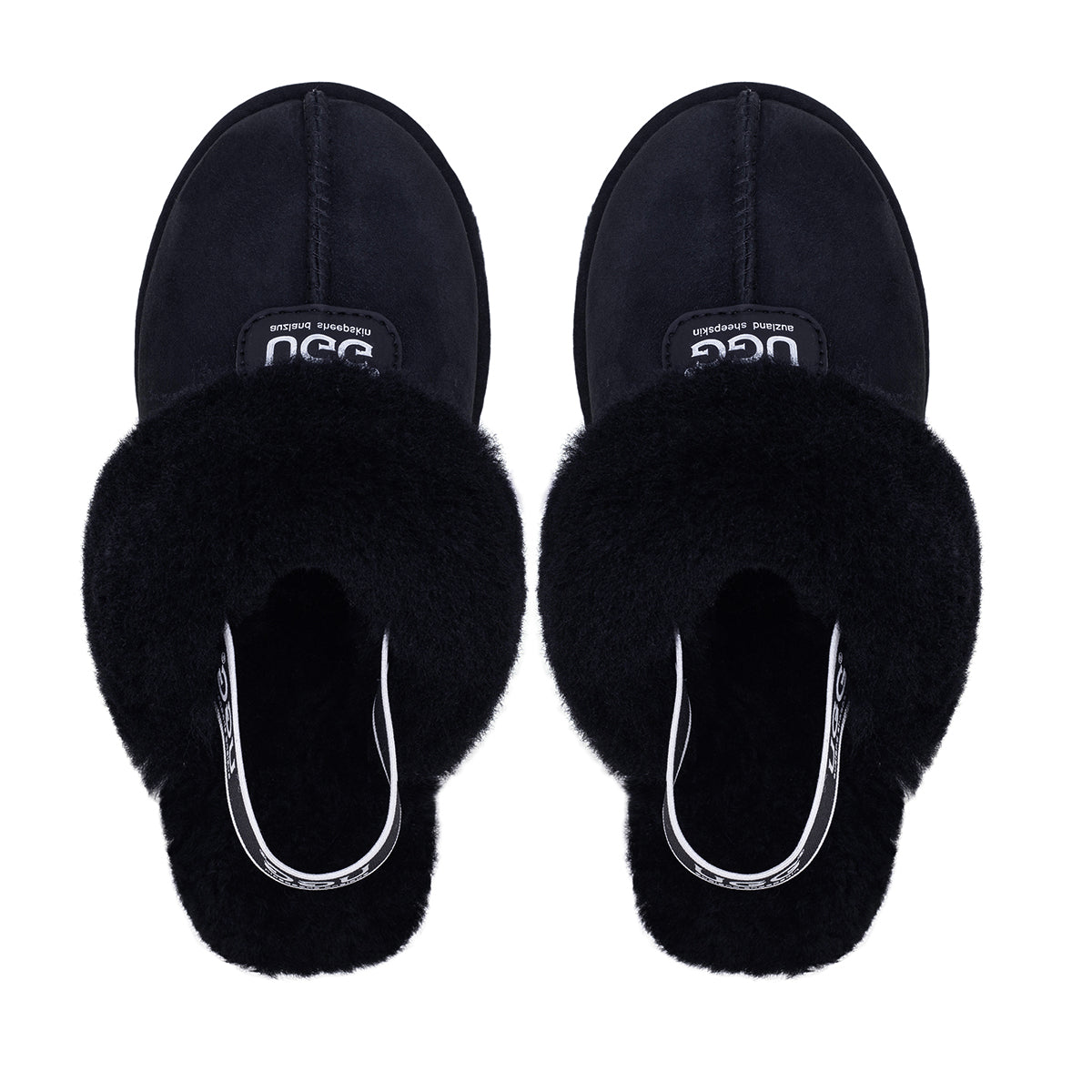 Black UGG slippers with platform straps by Auzland featuring a cosy slip-on design and cushioned sole.