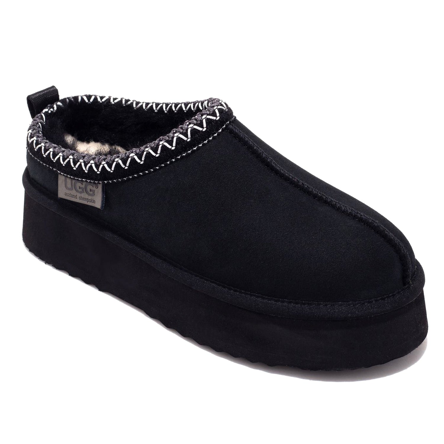 Black Auzland Mackenzie Platform UGG slippers with plush lining and thick soles, designed for comfort and casual wear.