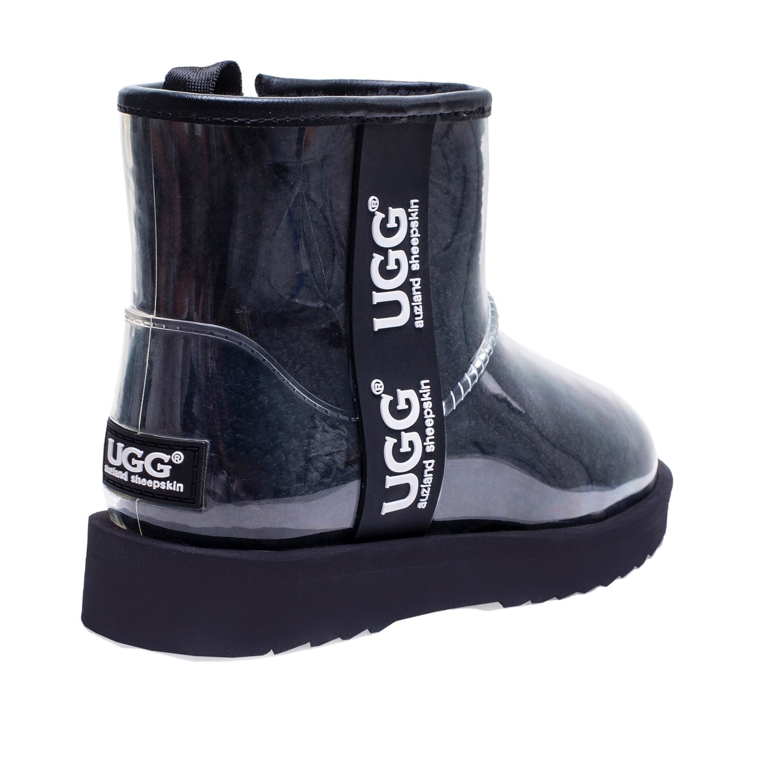 Black UGG Zipper Clear Mini Rain Boots by Auzland, featuring transparent design and zipper detail for stylish wet weather footwear.