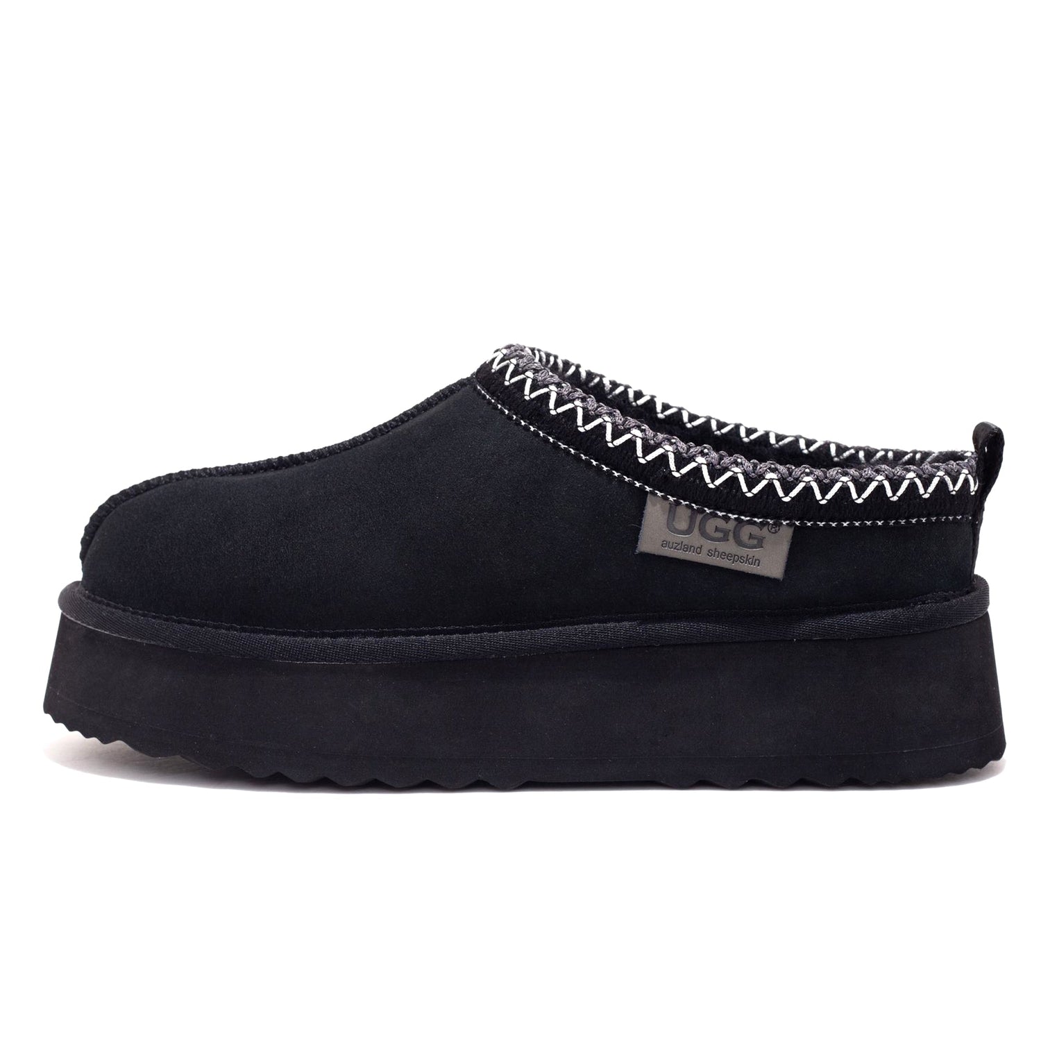Black Mackenzie Platform UGG slippers by Auzland featuring plush lining and thick platform sole, comfortable indoor footwear.
