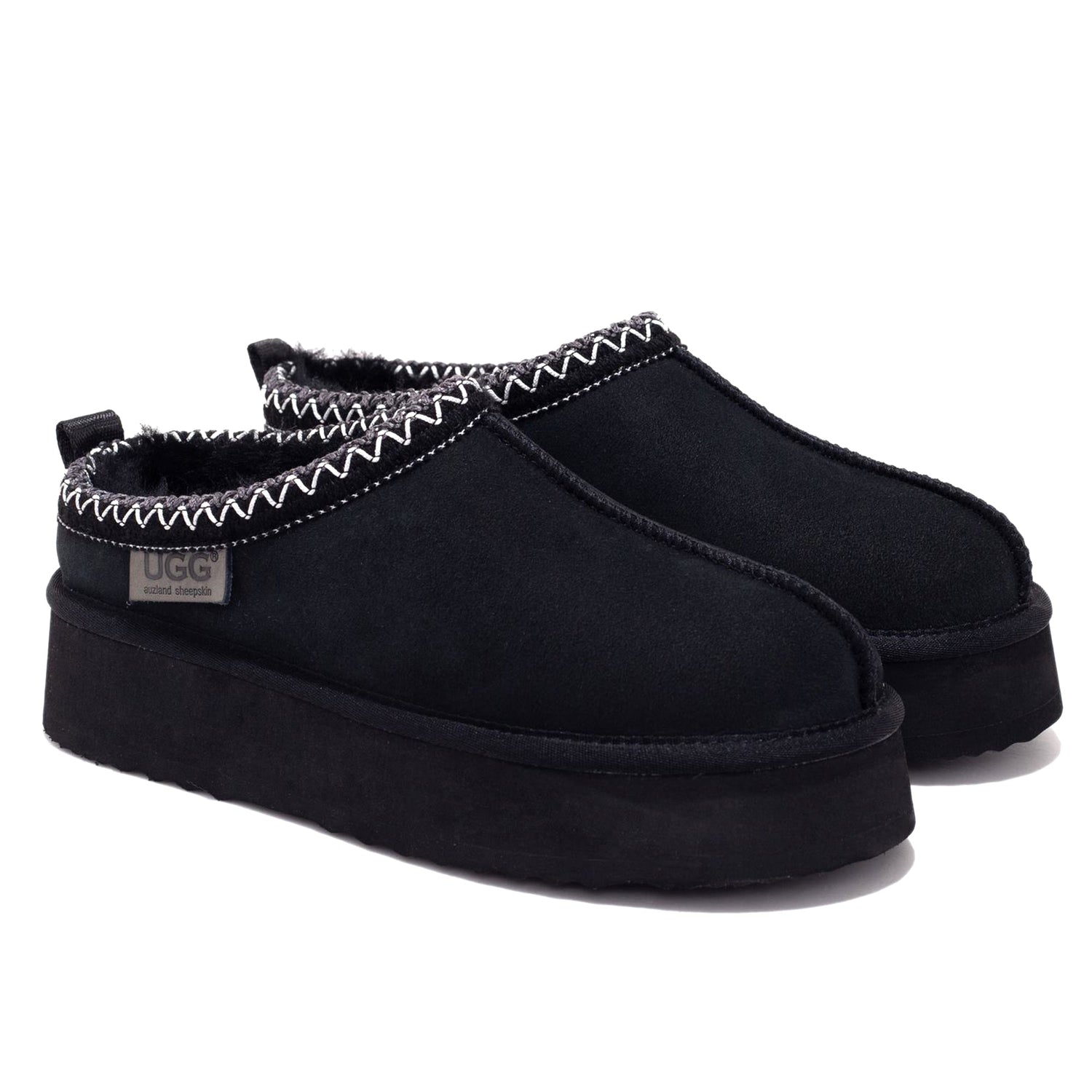Black Mackenzie Platform UGG slippers by Auzland with plush lining and thick sole, designed for comfort and casual wear.