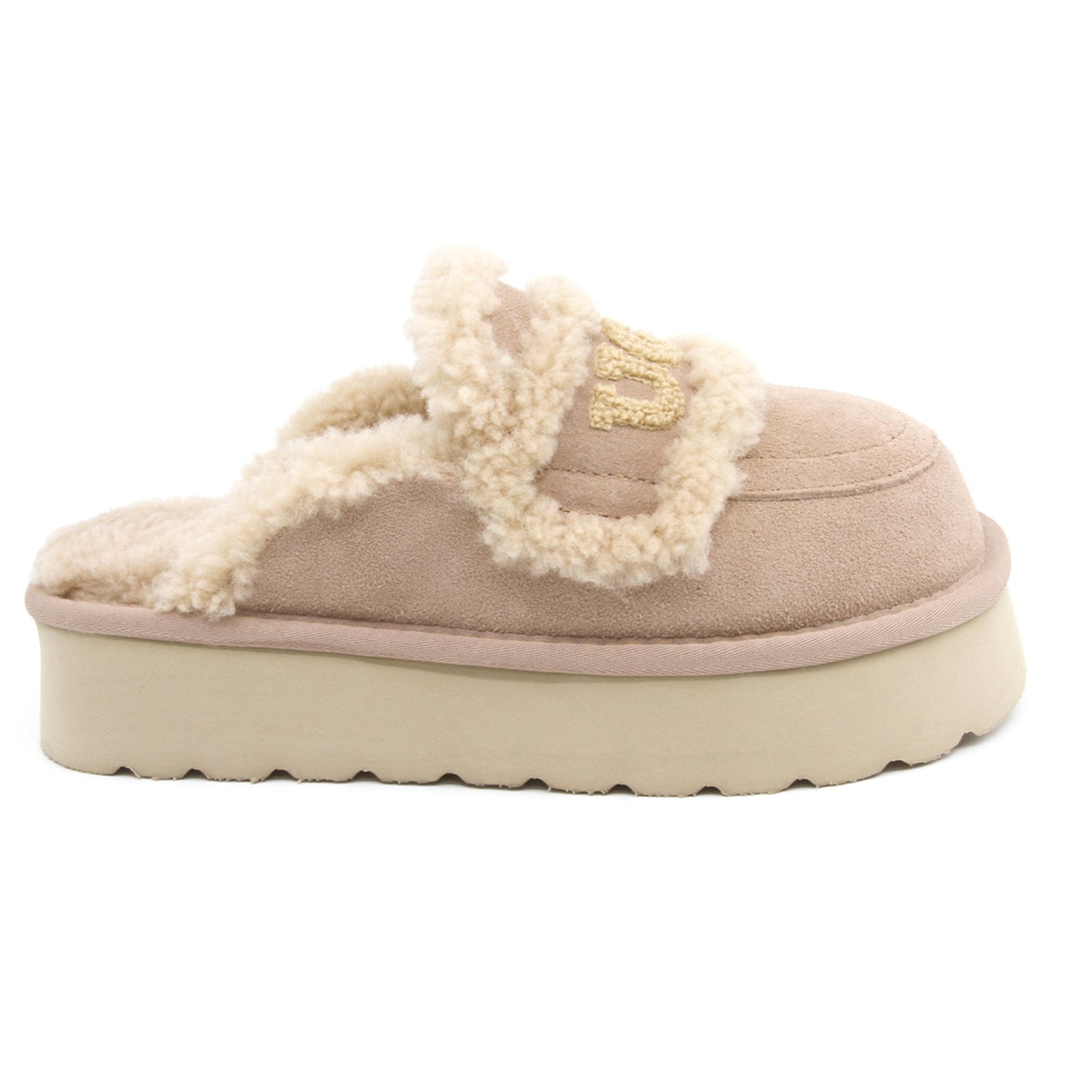 Auzland UGG shearling platform slippers in bronze, women's slip-on shoes with cosy shearling lining and sturdy sole.
