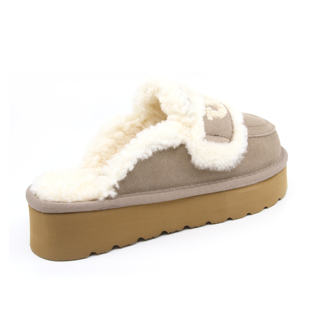 Auzland brown UGG shearling platform slippers for women, featuring plush shearling lining and a sturdy platform sole.