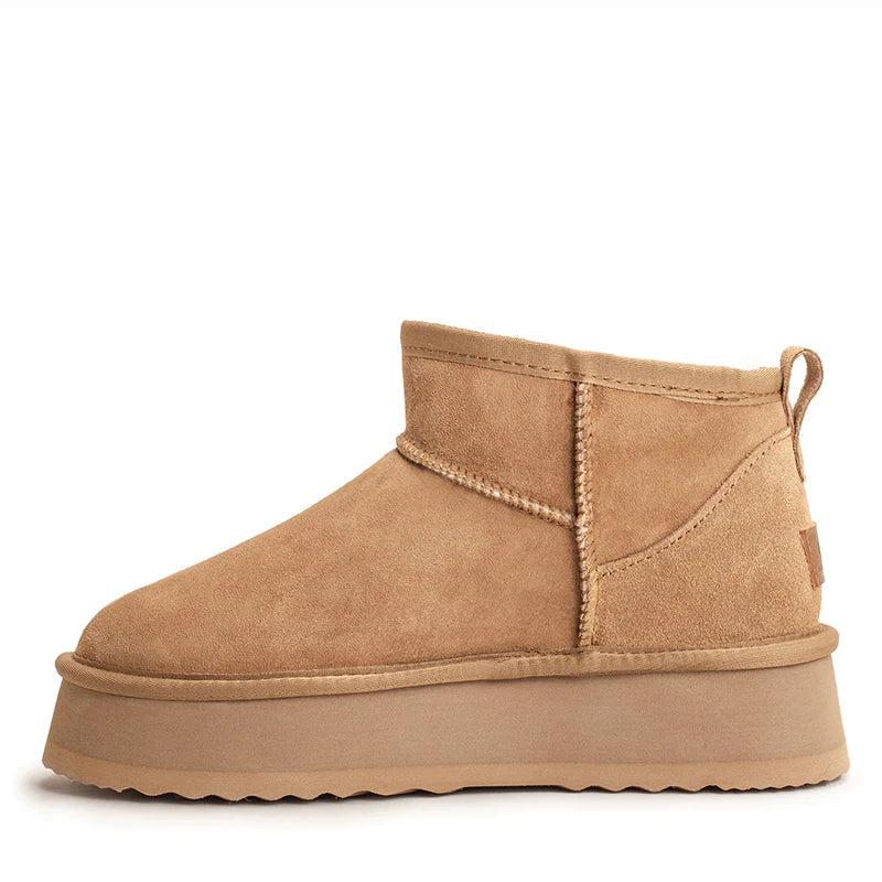 Auzland Ultra Mini Platform UGG Boots in soft plush with thick soles and ankle-height design, showcasing cosy, stylish footwear.