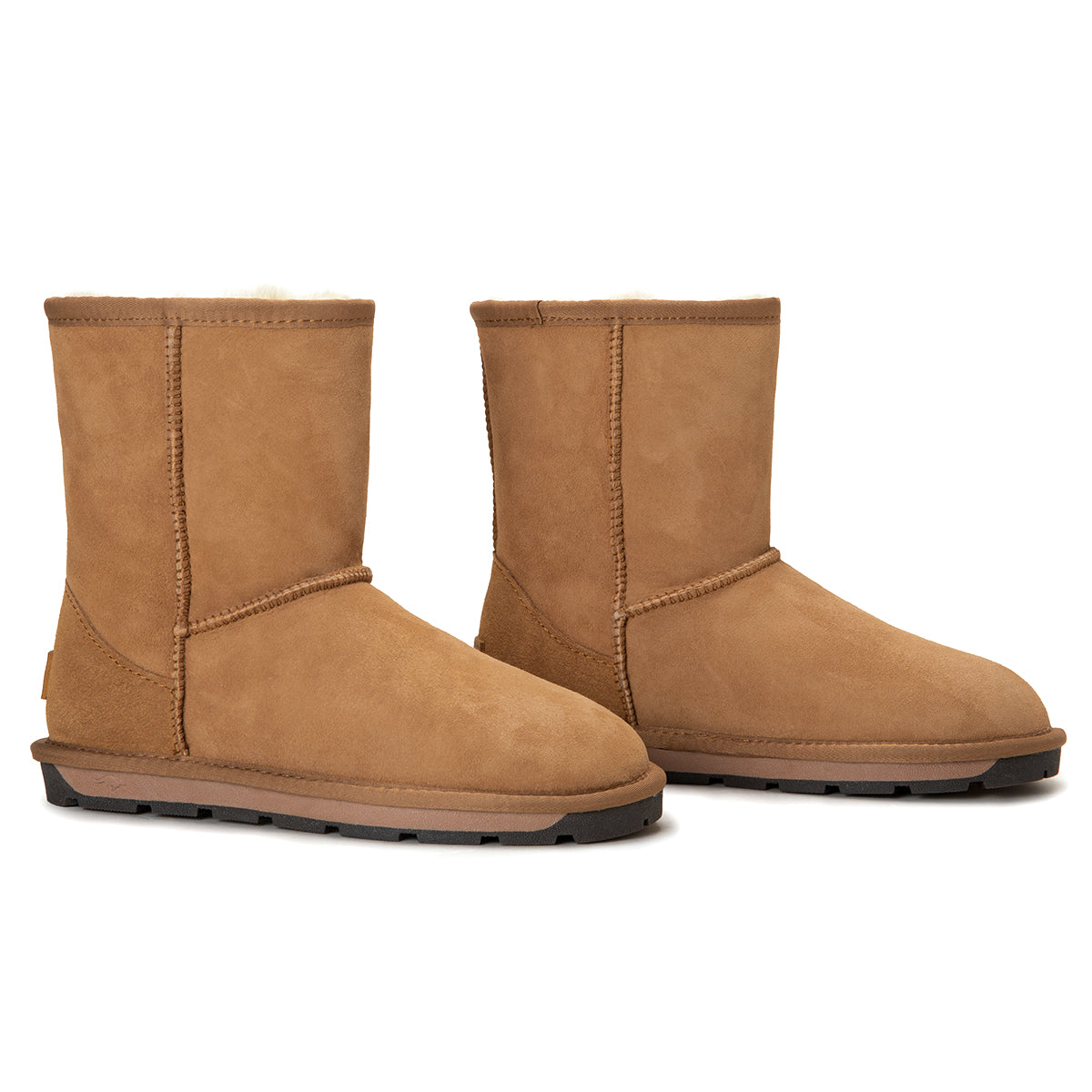 A pair of premium short Australian-made UGG boots by Auzland, classic style, featuring soft suede exterior and cosy shearling lining.