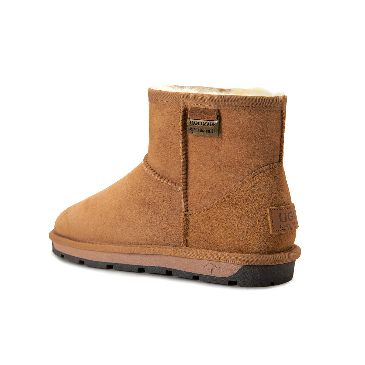 Auzland premium mini classic Australian-made UGG boots in chestnut, showcasing soft suede exterior and cosy interior for women.