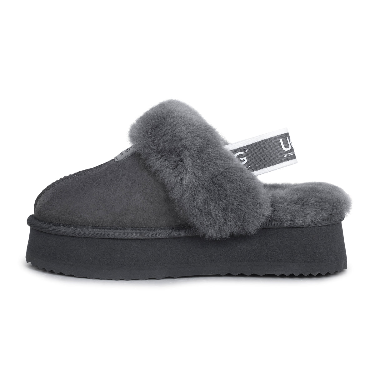 Auzland grey platform strap UGG slippers with cushioned soles and open-toe design, featuring wide straps for comfort.
