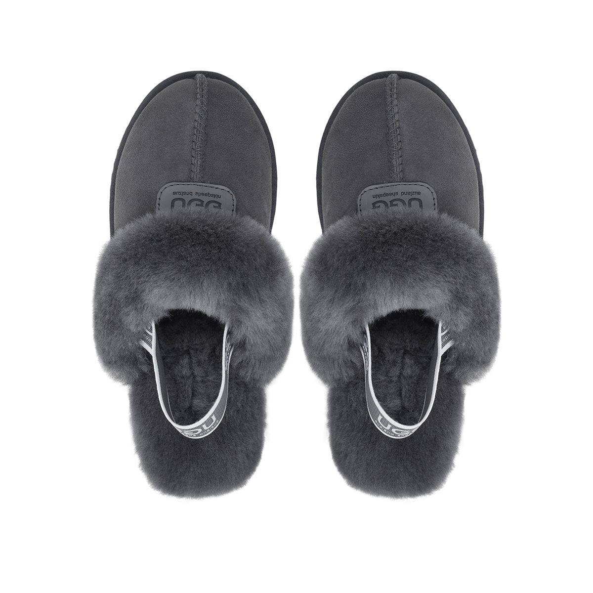 A pair of grey UGG slippers with platform straps by Auzland, featuring a cosy slip-on design and soft interior for comfort.