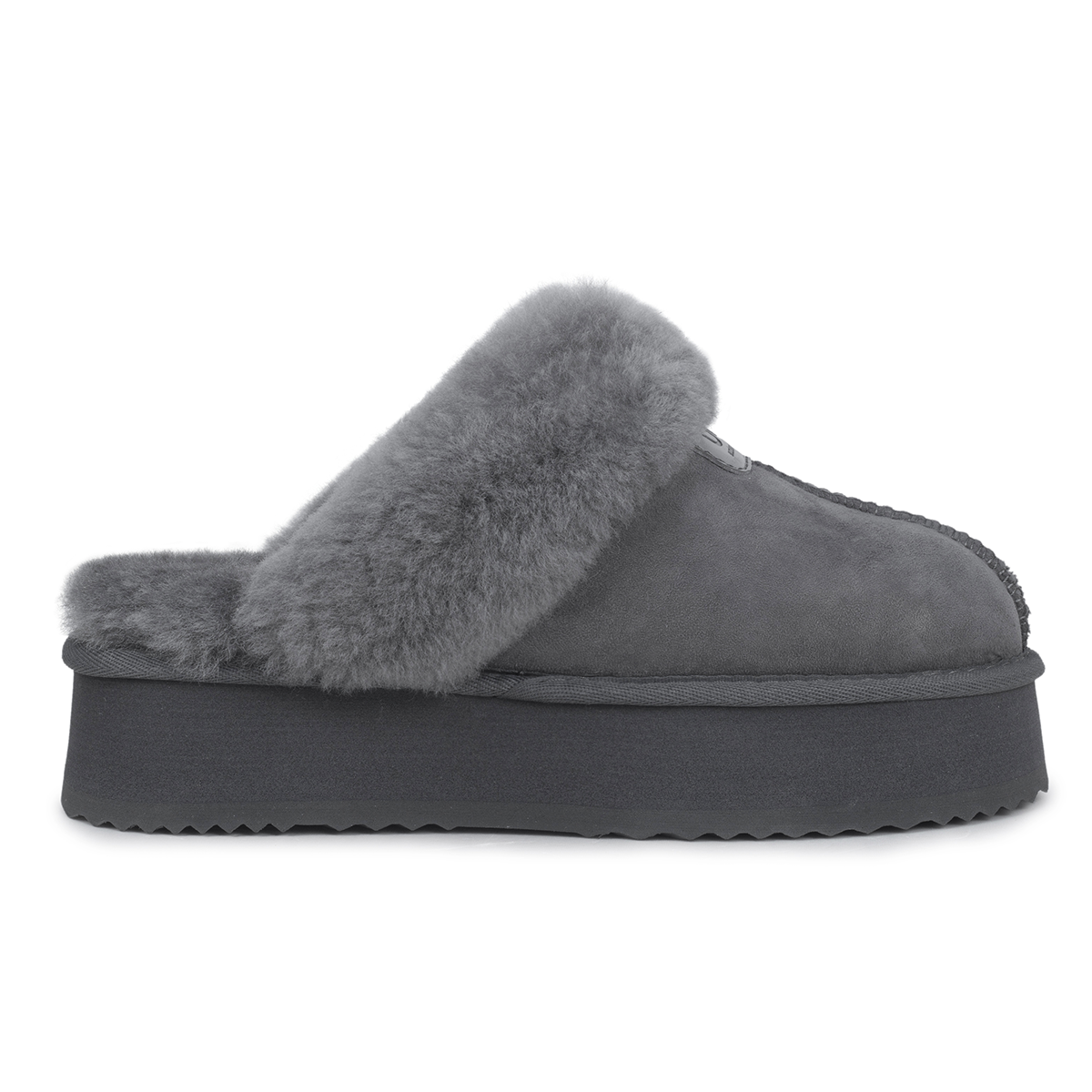 Auzland Willow Platform UGG Slippers in grey with plush lining and platform sole, showcasing cosy indoor footwear.