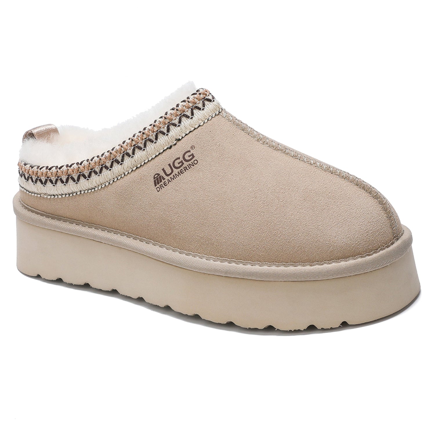 Auzland UGG Merino Tassy Platform Slippers with plush merino wool lining and a sturdy platform sole, designed for comfort and style.