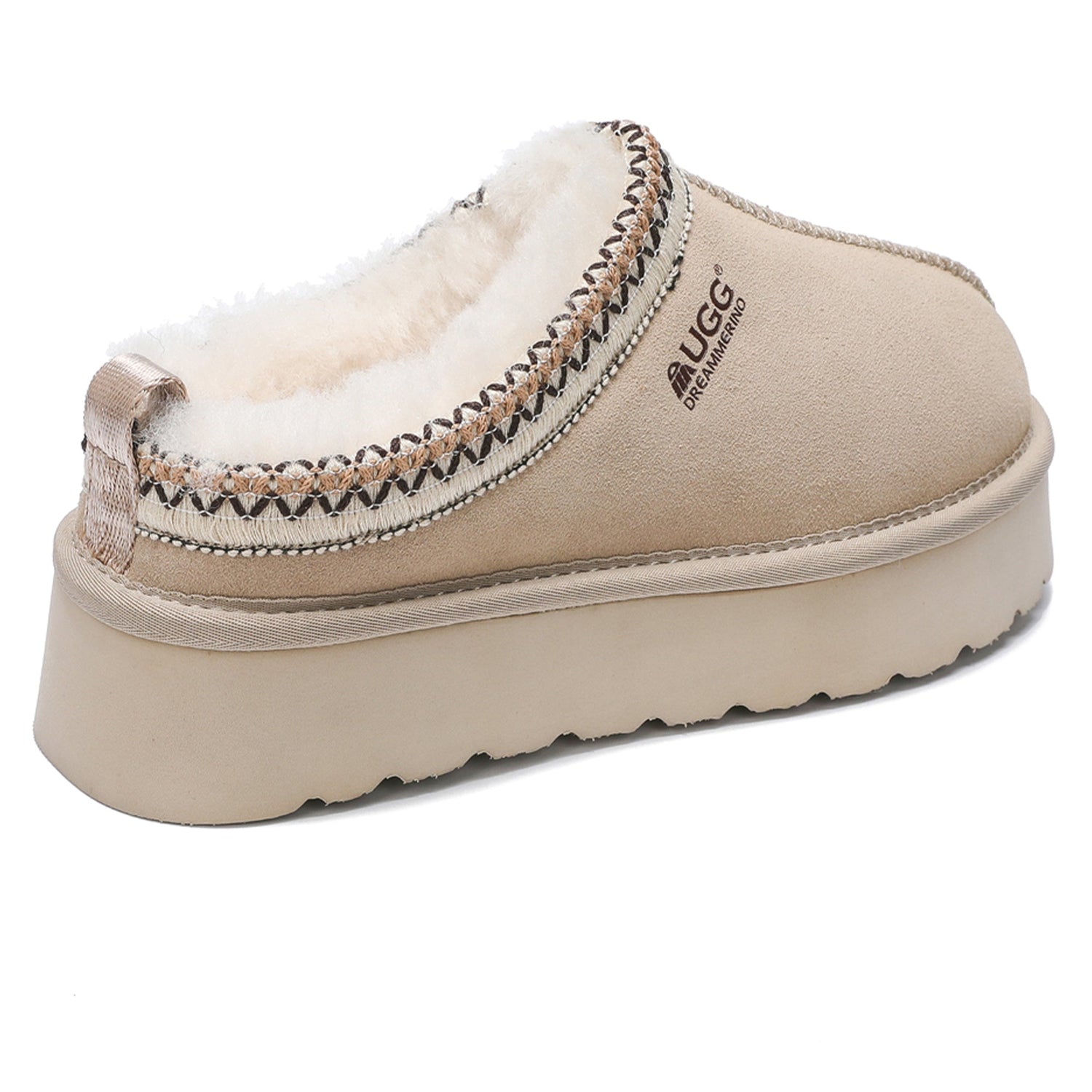 Auzland UGG Merino Tassy Platform Slippers with plush lining and textured sole, designed for comfort and style.