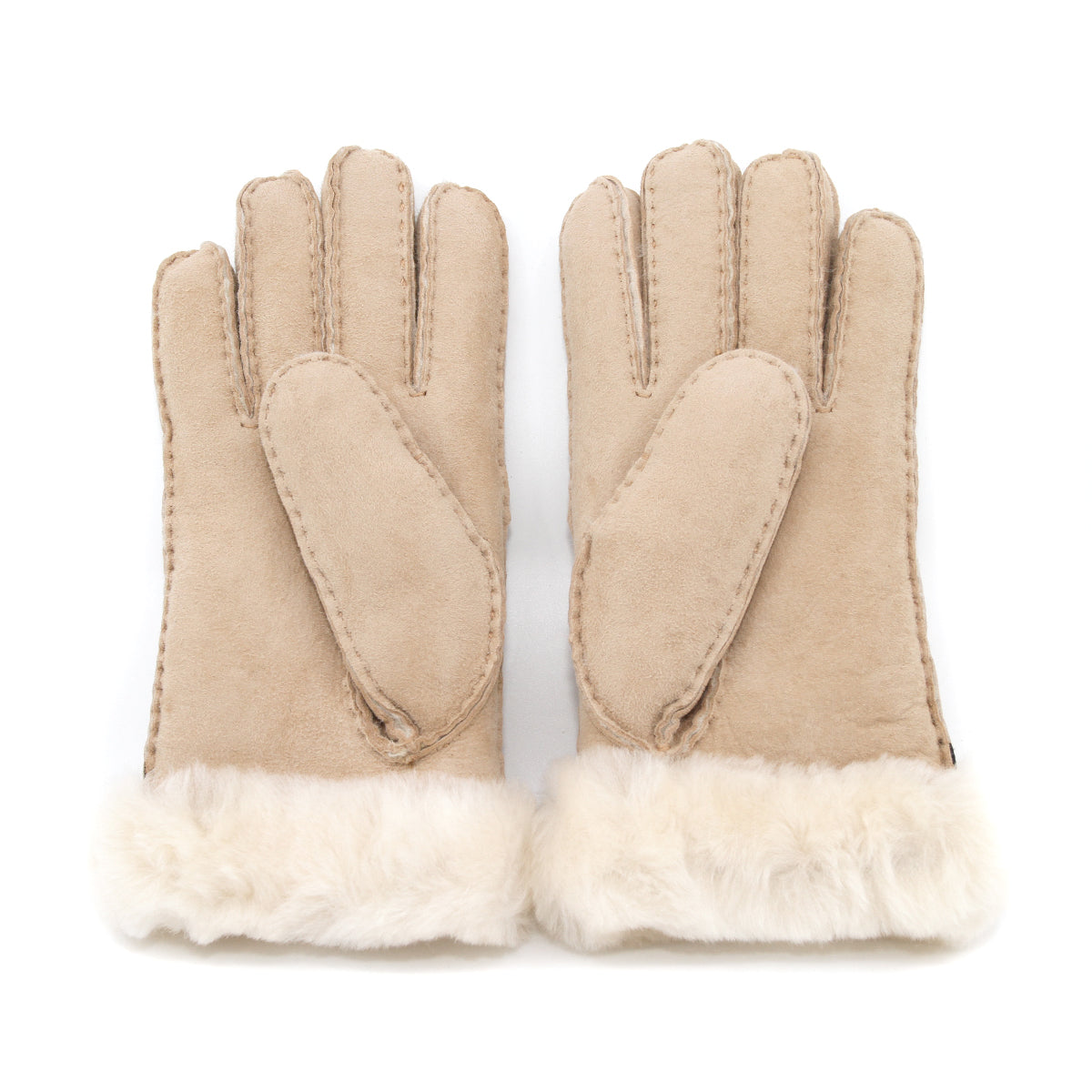 Auzland UGG sheepskin gloves in sand color, showing the soft, plush exterior and cosy interior for warmth and comfort.