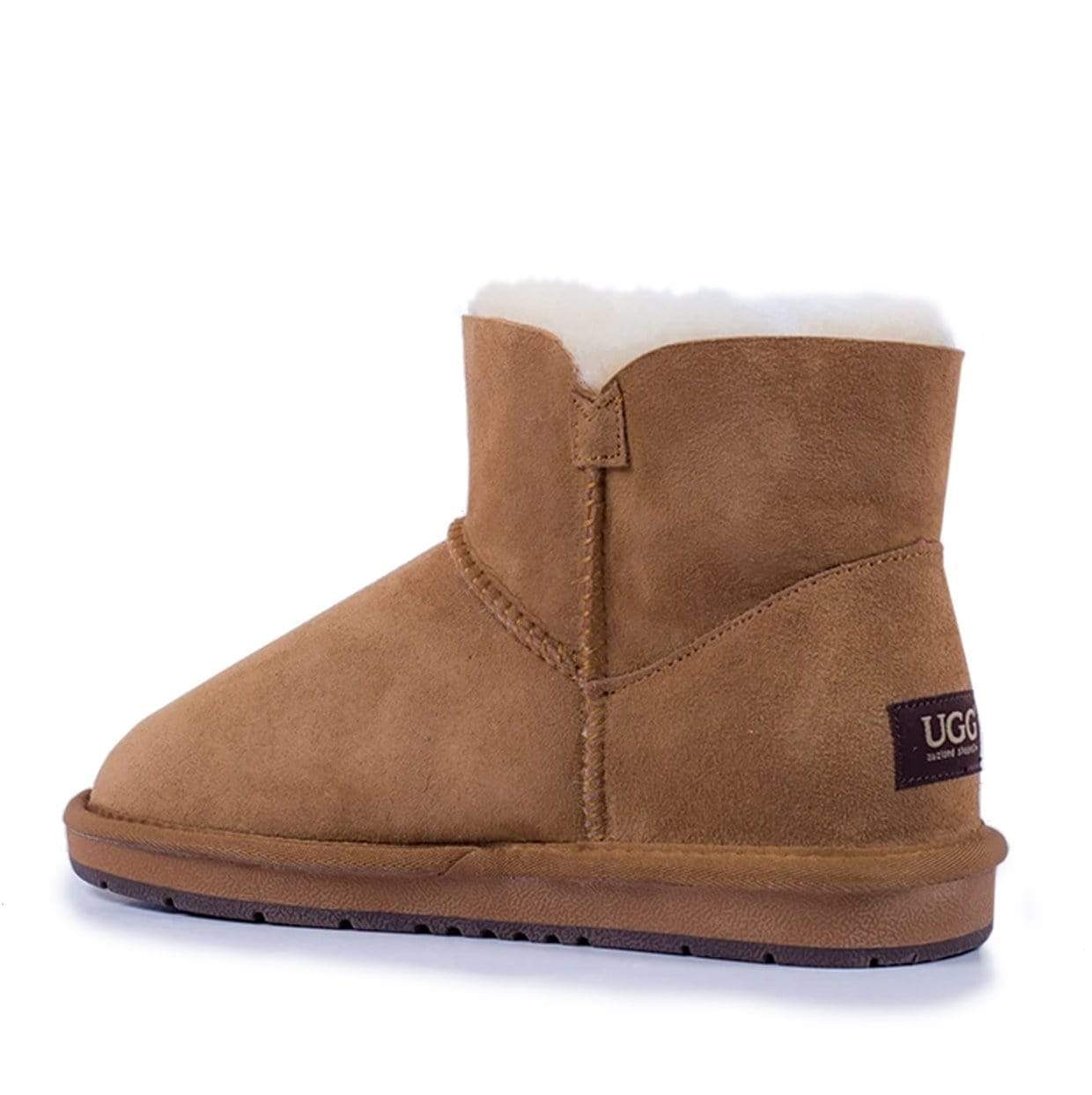 Auzland Premium Mini Button UGG Boots for women, classic sheepskin shoes with button accents, in tan color.