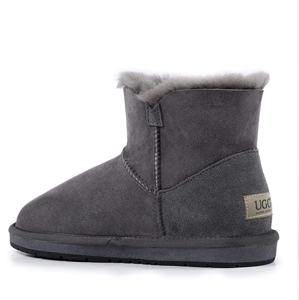A pair of Auzland UGG Mini Button Classic Boots for women, featuring a cosy design with button accents and soft UGG suede material.
