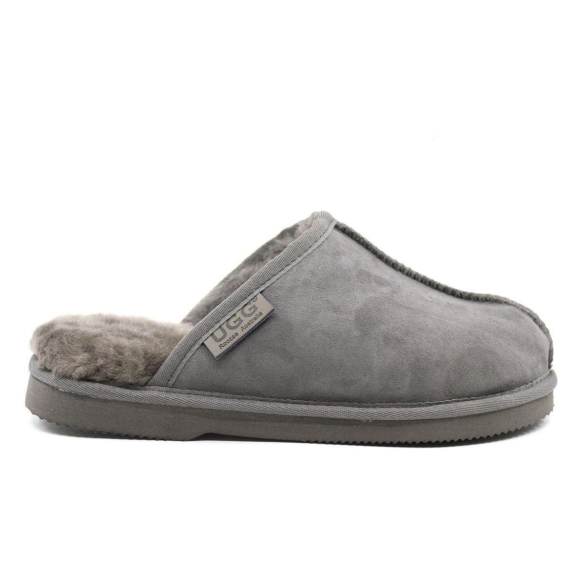 A pair of grey UGG premium men's scuff slippers by Auzland, Australian-made, displayed on a plain background.