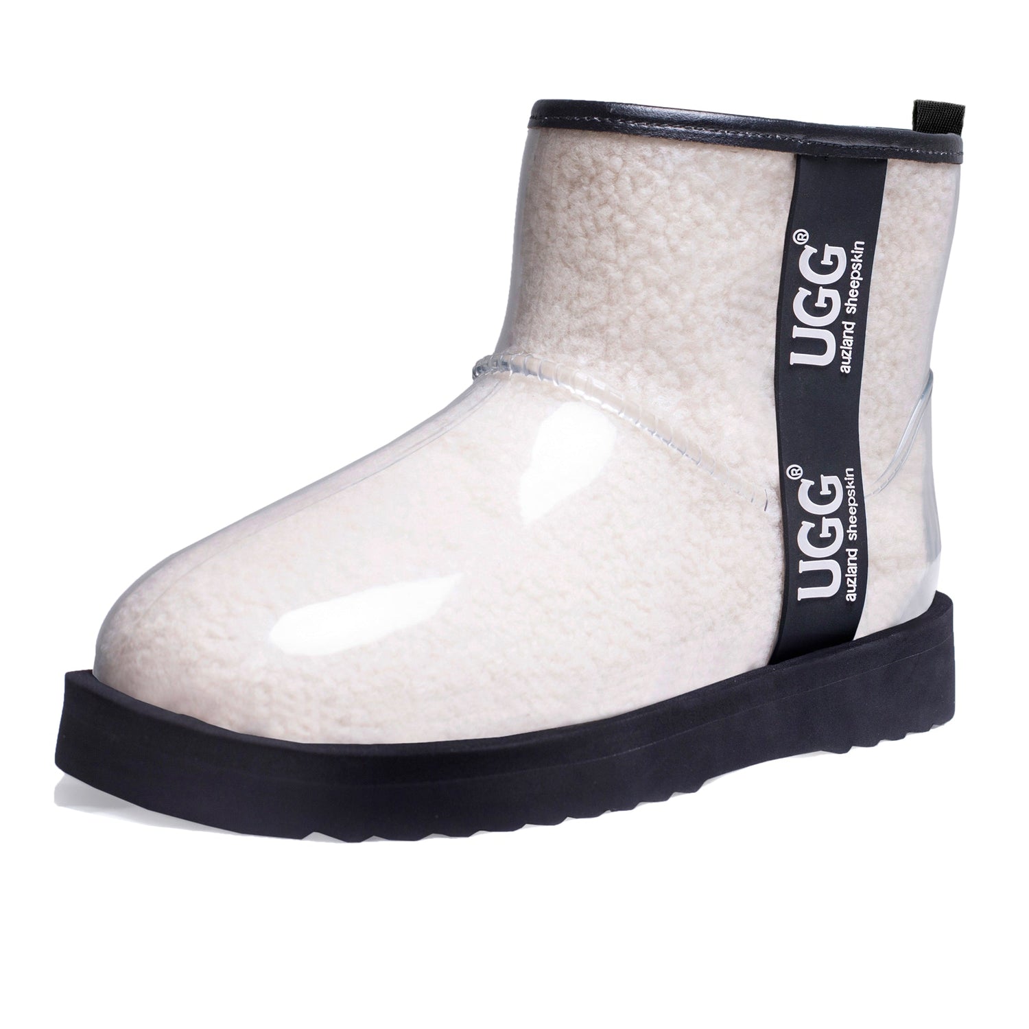 Auzland UGG Zipper Clear Mini Rain Boots in white, stylish waterproof rainboots with zipper detail and transparent design.