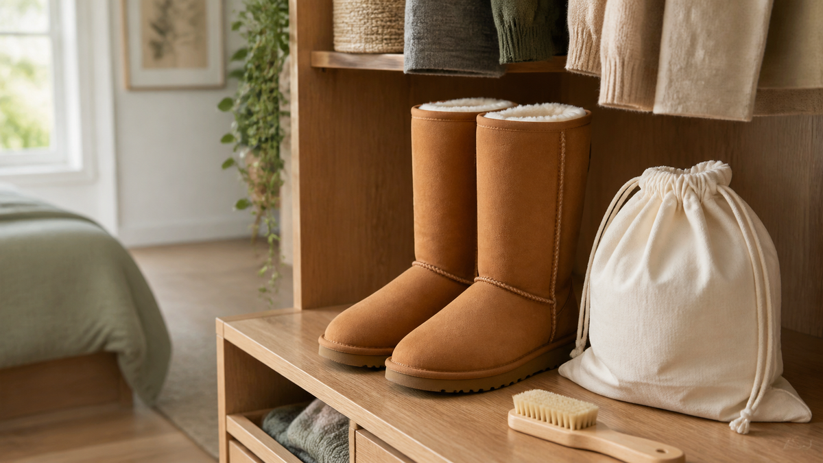 IMAGE METADATA  Filename: how-to-store-ugg-boots-after-winter.png  Alt text: Clean chestnut sheepskin boots stored upright beside a breathable cotton storage bag and suede cleaning brush