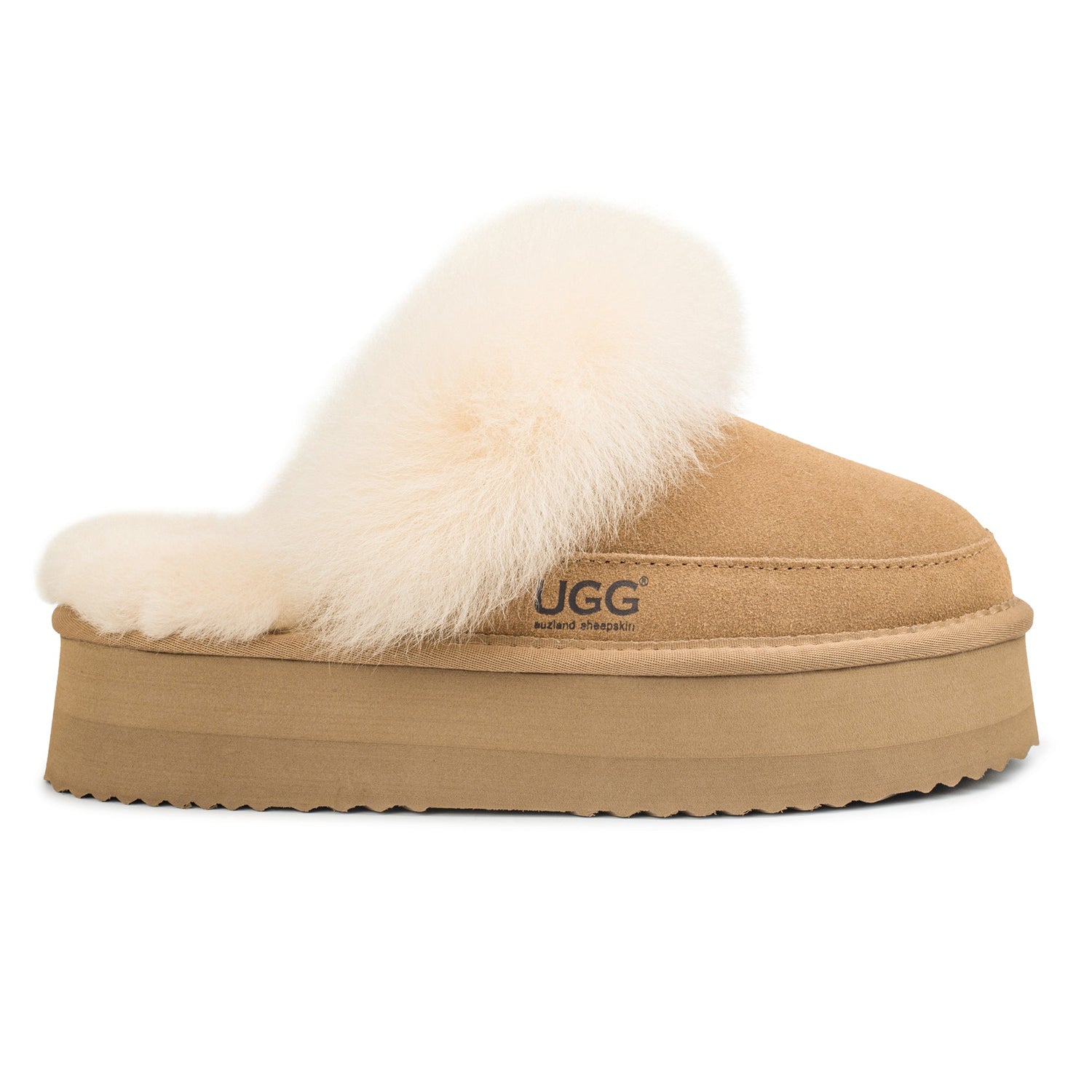 Auzland UGG Classic Platform Scuff Slippers featuring a cosy, plush interior and durable rubber sole in a neutral color.
