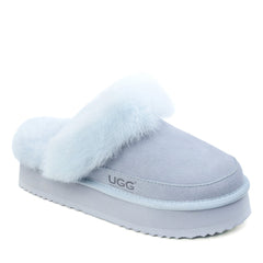 Auzland Classic Platform UGG Scuff Slippers in beige with plush interior and thick sole, displayed on a neutral background.
