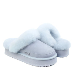 Auzland Classic Platform UGG Scuff Slippers with soft, plush interior and durable rubber sole, in neutral beige color.