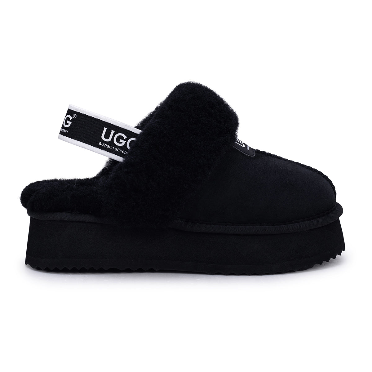 Auzland black platform strap UGG slippers with cushioned soles and open-toe design, perfect for casual indoor wear.