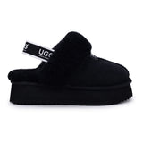 Auzland black platform strap UGG slippers with cushioned soles and open-toe design, perfect for casual indoor wear.