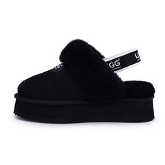 Black UGG slippers with platform straps from Auzland, featuring a comfortable slip-on design and stylish black straps.
