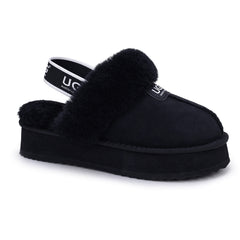 Black UGG slippers with platform strap by Auzland, showcasing the comfortable slip-on design and textured sole.