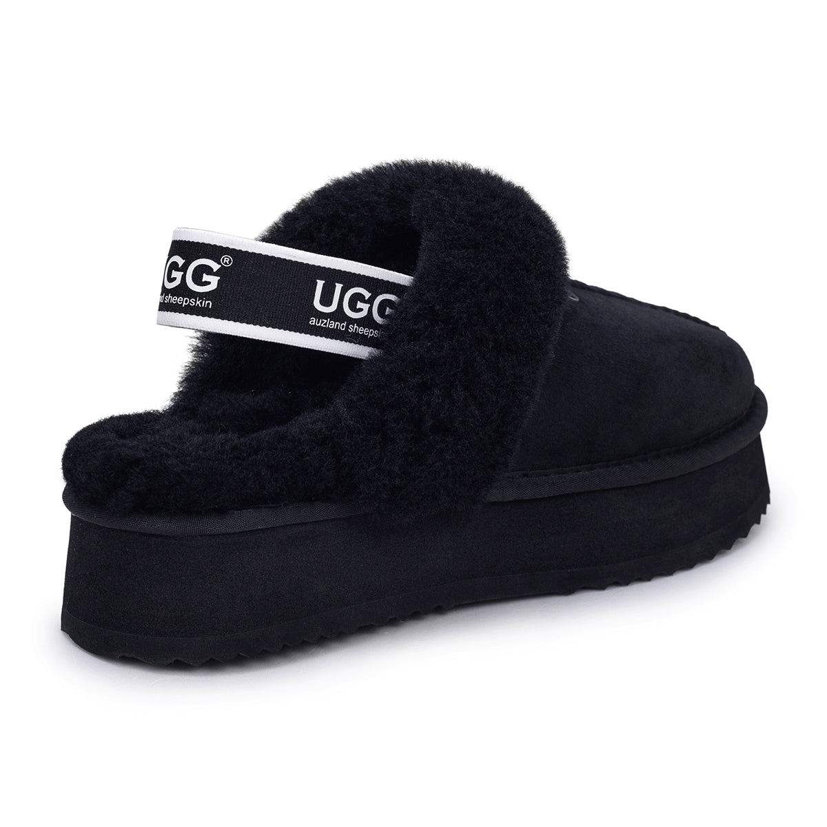 Black UGG slippers with platform strap and cosy design, featuring the Auzland brand logo visible on the slipper.