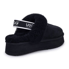Black UGG slippers with platform strap and cosy design, featuring the Auzland brand logo visible on the slipper.