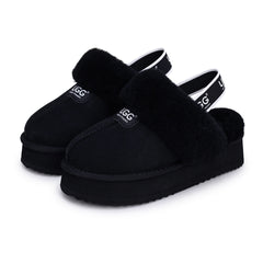 Auzland black Platform Strap UGG slippers with cushioned soles and wide straps, ideal for comfortable indoor wear.