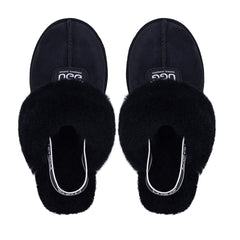 Black UGG slippers with platform straps by Auzland featuring a cosy slip-on design and cushioned sole.