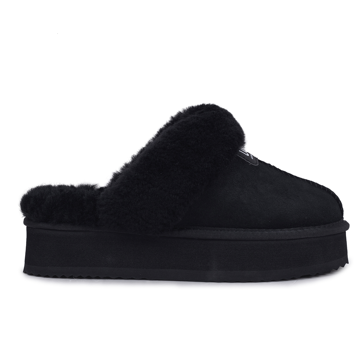 Auzland black Willow Platform UGG slippers featuring a cosy, soft interior and stylish platform sole for comfortable indoor wear.