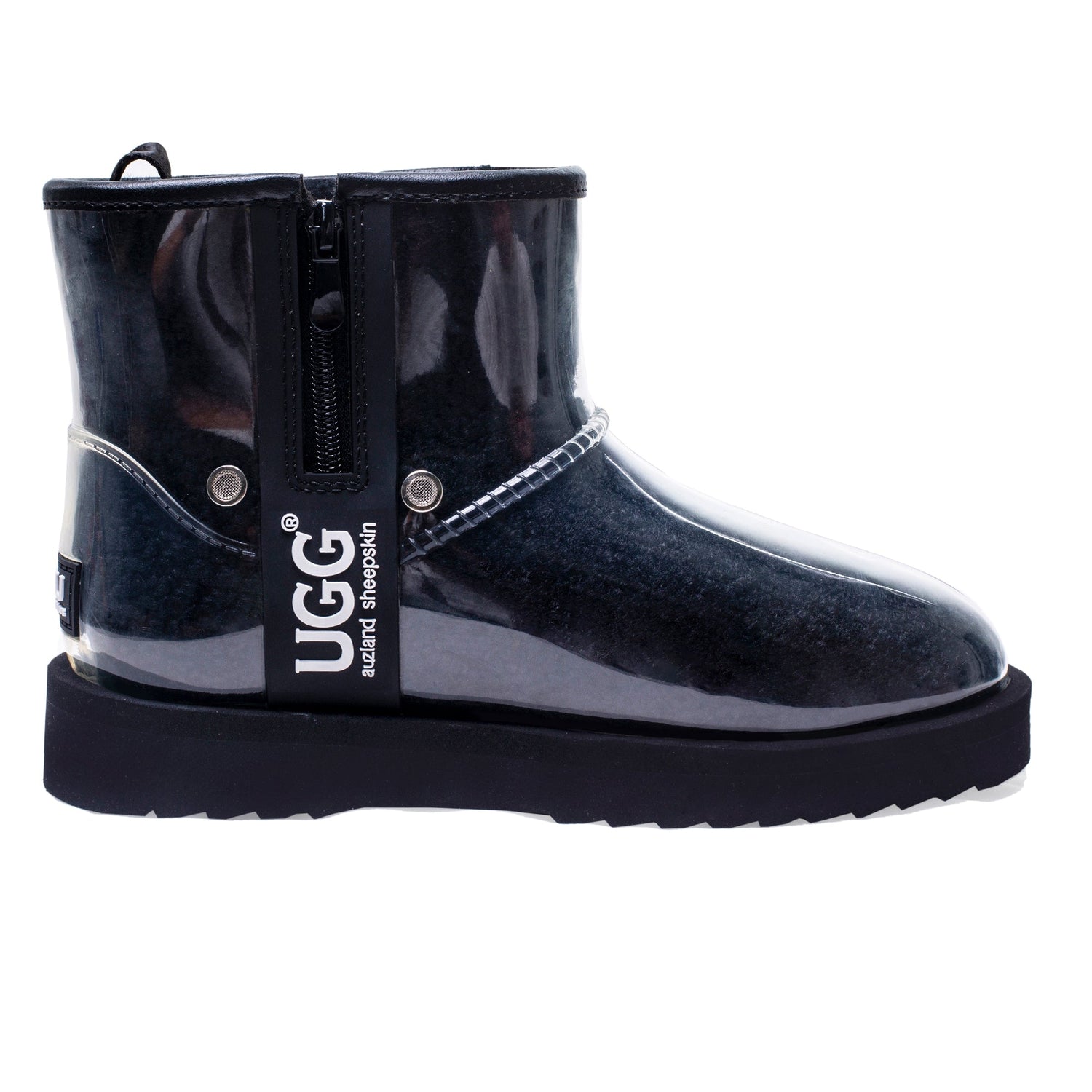 Black UGG Zipper Clear Mini Rain Boots by Auzland featuring transparent waterproof material and zipper detail.