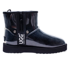 Black UGG Zipper Clear Mini Rain Boots by Auzland featuring transparent waterproof material and zipper detail.