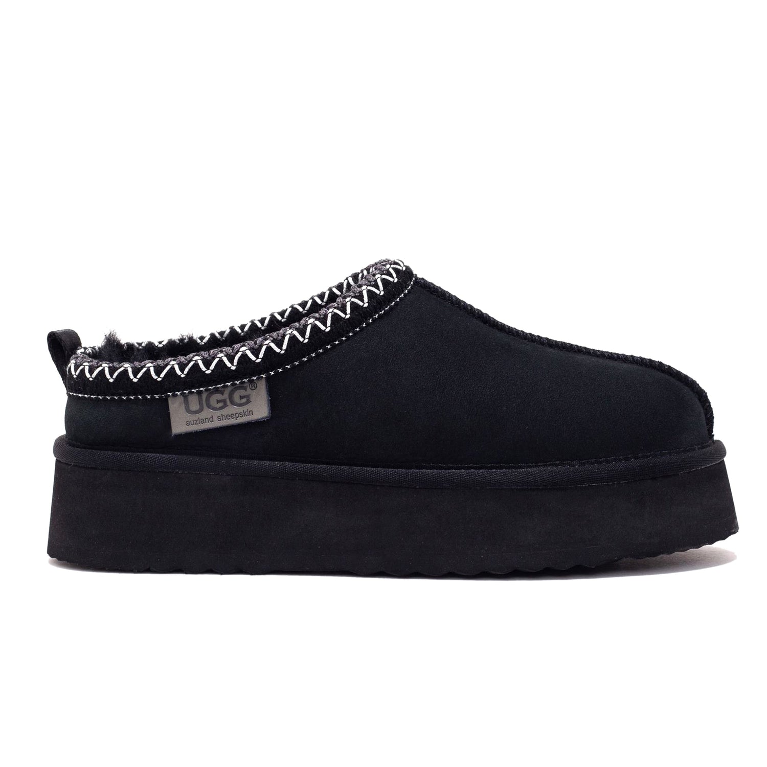 Auzland Mackenzie Platform UGG Slippers in black, featuring plush interior and textured sole for cosy comfort.
