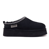Auzland Mackenzie Platform UGG Slippers in black, featuring plush interior and textured sole for cosy comfort.