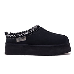 Auzland Mackenzie Platform UGG Slippers in black, featuring plush interior and textured sole for cosy comfort.