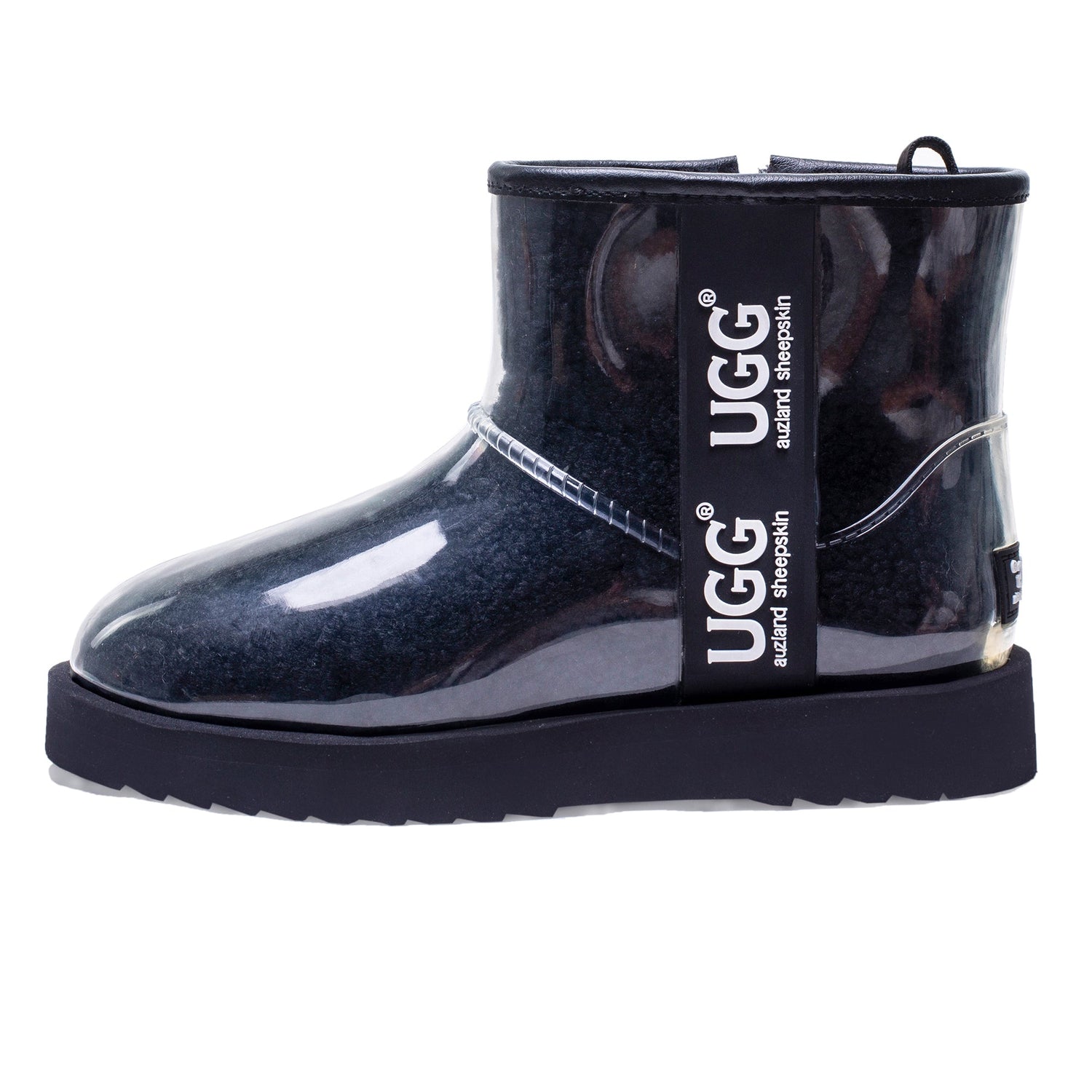 Auzland UGG zipper clear mini rain boots in black with transparent design and side zipper, waterproof footwear for rainy days.