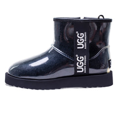 Auzland UGG zipper clear mini rain boots in black with transparent design and side zipper, waterproof footwear for rainy days.