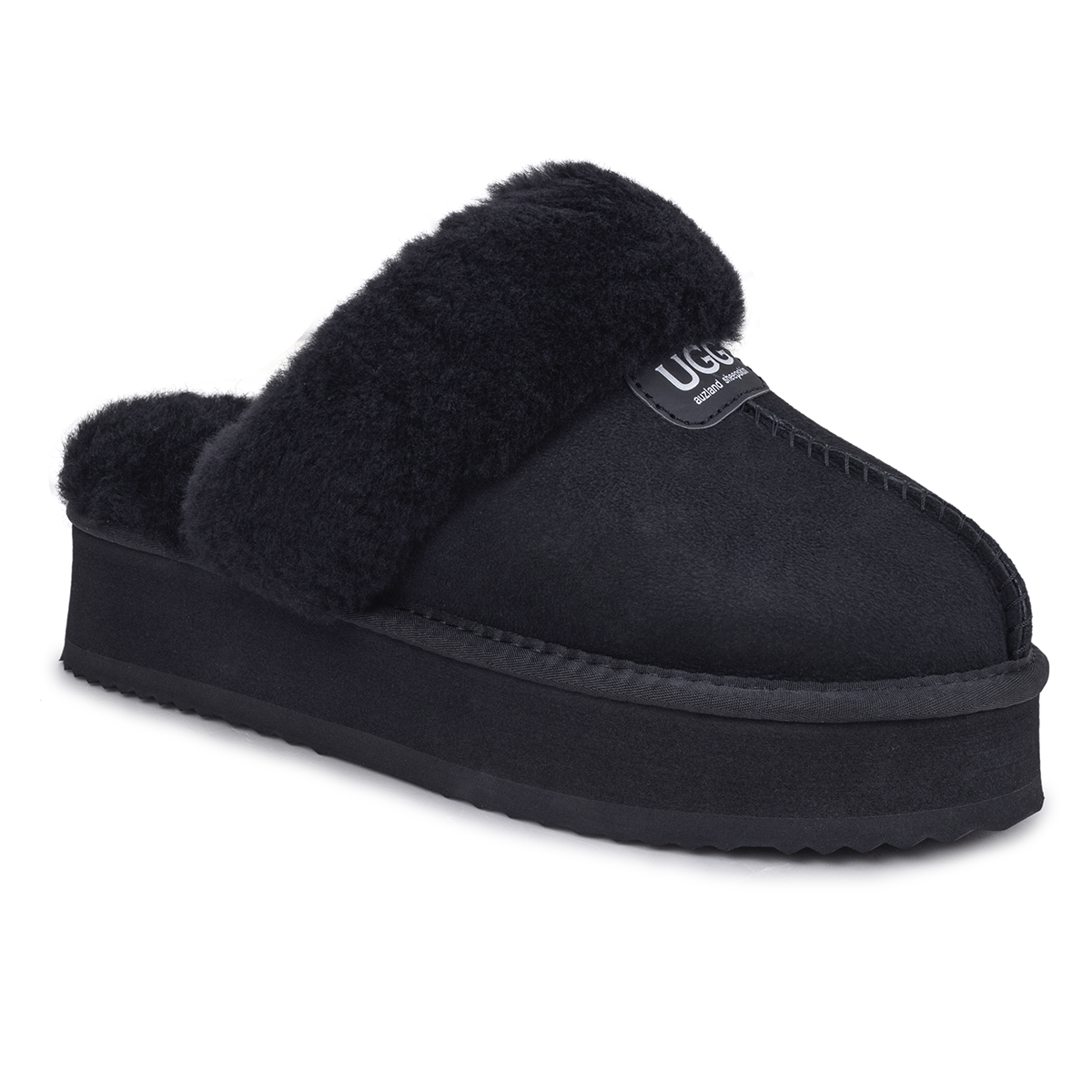 Black Willow Platform UGG Slippers by Auzland with plush lining and platform sole, designed for comfort and style.