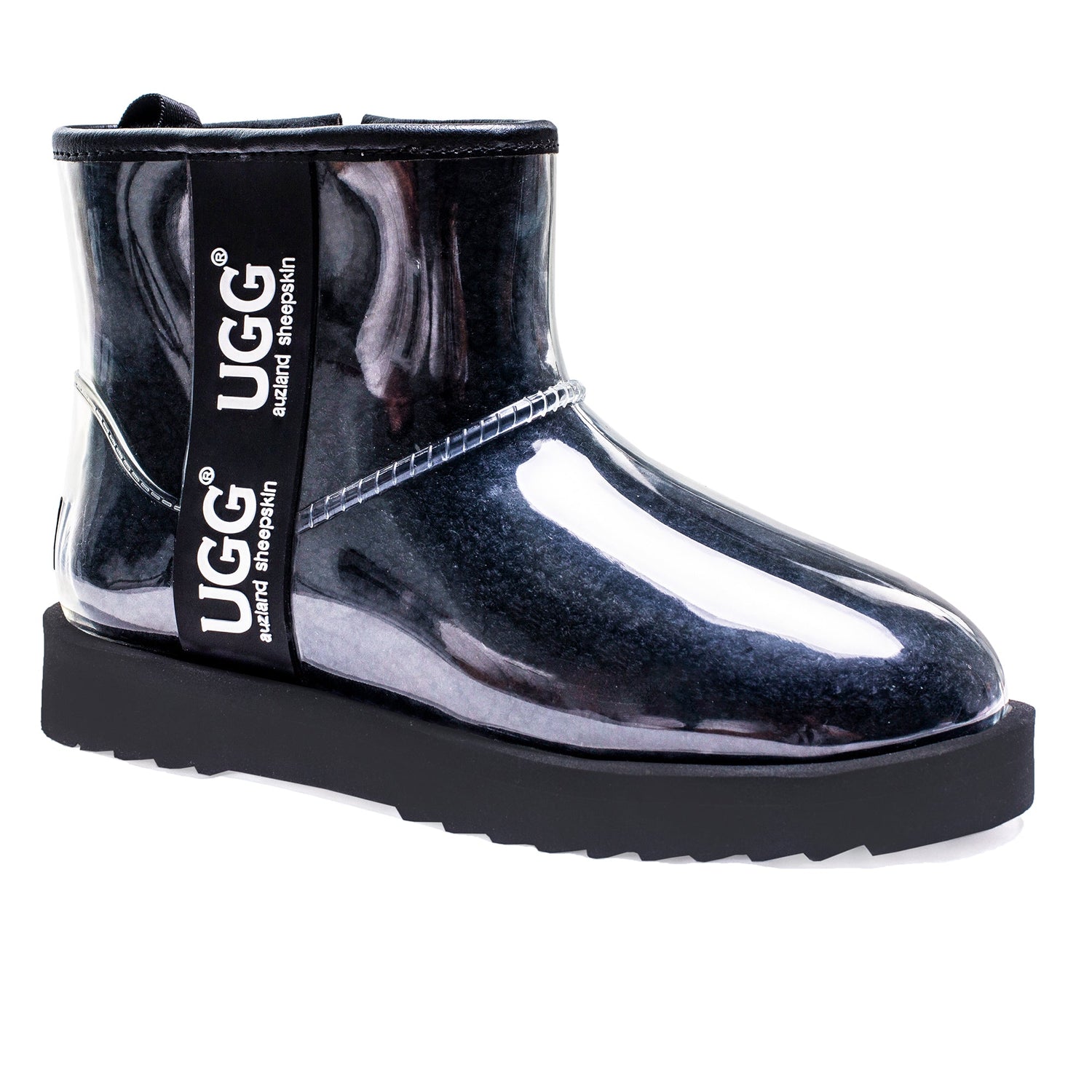 Black UGG Zipper Clear Mini Rain Boots by Auzland with transparent PVC material and black zipper details.
