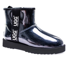 Black UGG Zipper Clear Mini Rain Boots by Auzland with transparent PVC material and black zipper details.