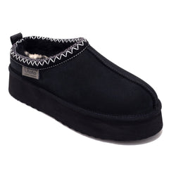 Black Auzland Mackenzie Platform UGG slippers with plush lining and thick soles, designed for comfort and casual wear.