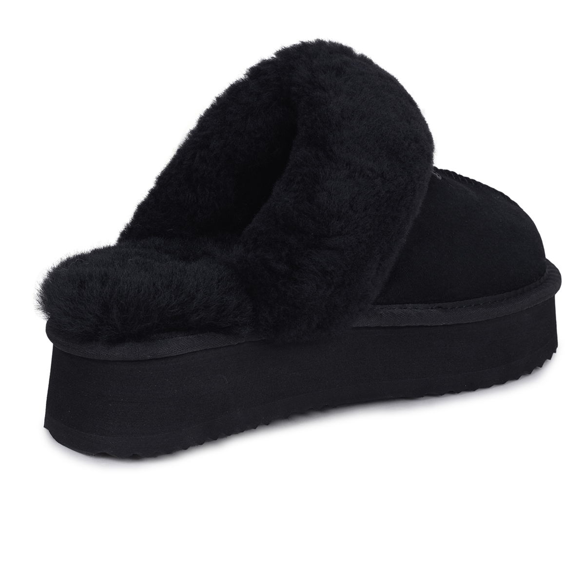Black Willow Platform UGG slippers by Auzland featuring a cosy design and platform sole, perfect for indoor comfort.