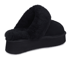 Black Willow Platform UGG slippers by Auzland featuring a cosy design and platform sole, perfect for indoor comfort.