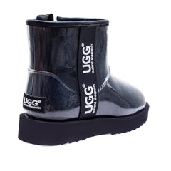 Black UGG Zipper Clear Mini Rain Boots by Auzland, featuring transparent design and zipper detail for stylish wet weather footwear.